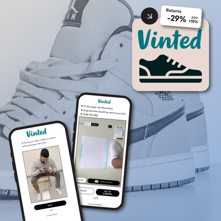 Illustration of shoe size finder technology showing a user measuring their foot next to a standard A4 paper, highlighting the innovative process for accurate shoe fitting on Vinted.