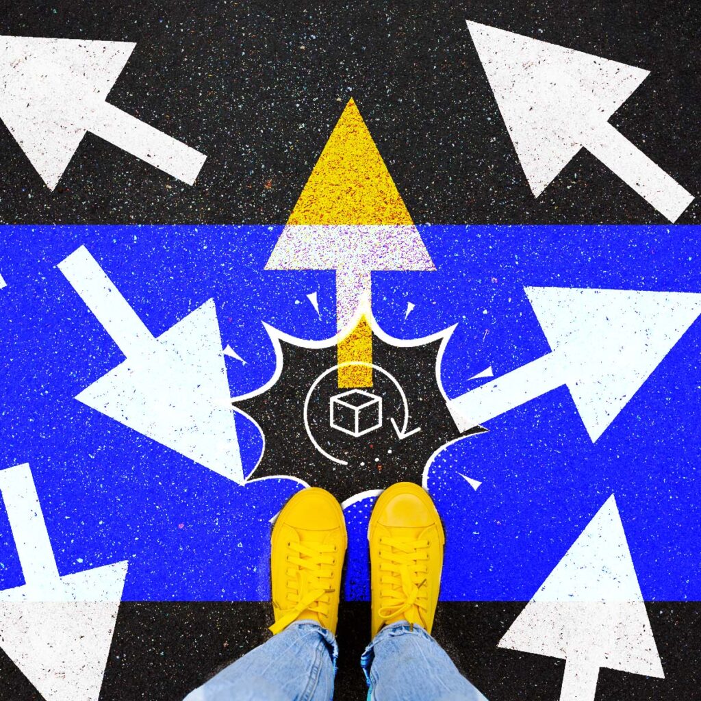 A pair of bright yellow shoes standing on a surface with a graphic design of multiple white arrows pointing in different directions on a blue and black background. A prominent yellow arrow is pointing forward toward an icon representing a return box with circular arrows, symbolising a focus on direction, choice, and reducing returns.