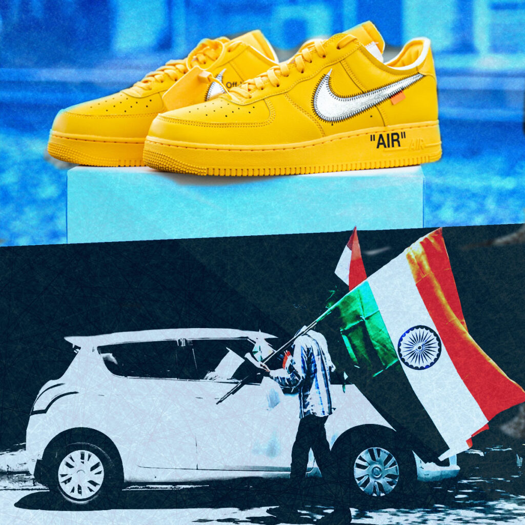 Zapatillas amarillas en una caja de exhibición sobre un gráfico de un hombre indio sosteniendo la bandera de la India junto a un coche blanco, simbolizando el crecimiento y la importancia cultural de la industria del calzado en la India.