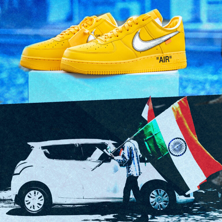 Yellow sneakers on a display box above a graphic of an Indian man holding the Indian flag beside a white car, symbolizing the growth and cultural significance of the footwear industry in India.