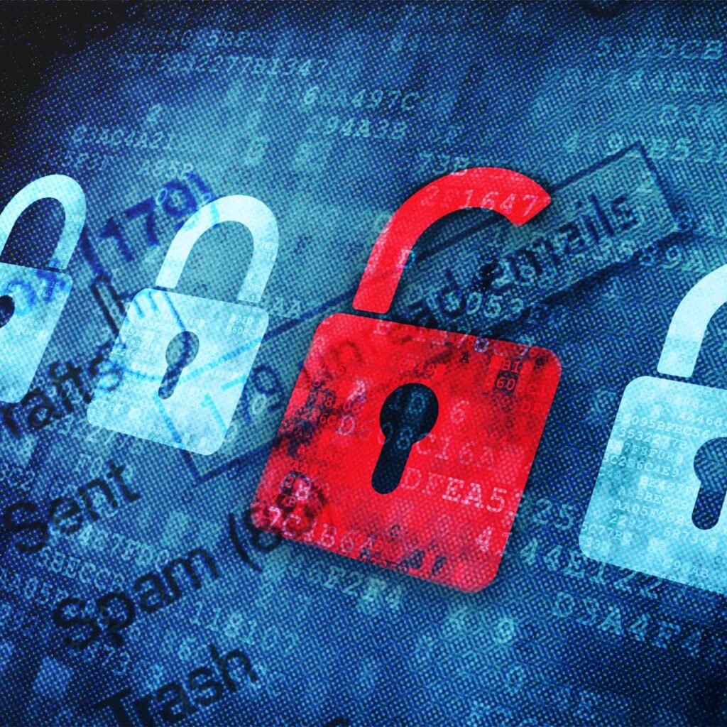 Image showing a series of padlock icons, with one red padlock unlocked, symbolizing a data breach or vulnerability. The background features digital elements like email tags and security-related terms such as 'Spam,' 'Sent,' and 'Trash,' representing the context of email security and data privacy.