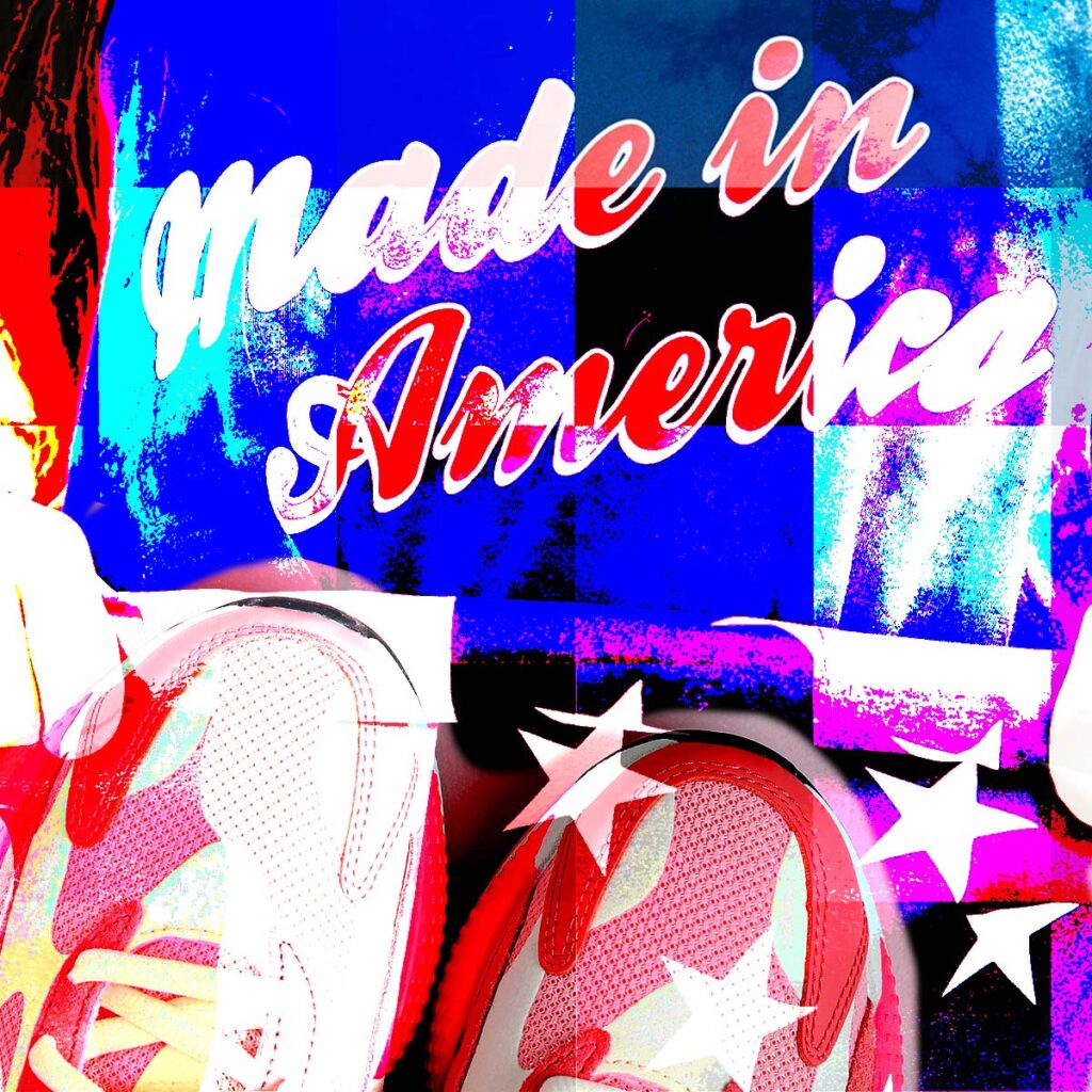 Vibrant artwork featuring the text 'Made in America' with a close-up of red and white sneakers, symbolizing the dynamic and evolving landscape of the US footwear market.