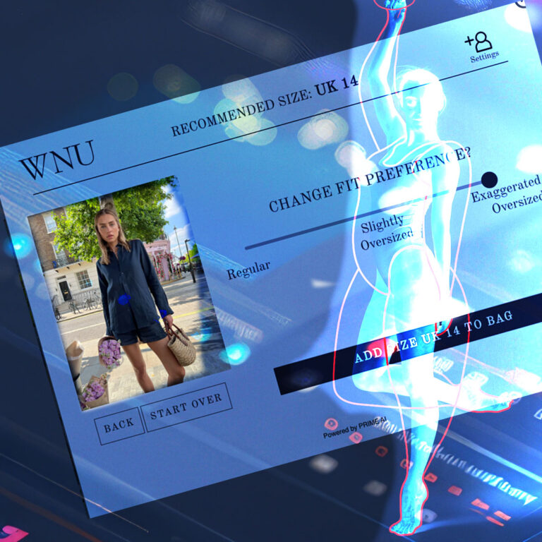 Visual representation of Prime AI’s Clothing Size Finder interface, showcasing interactive fit preferences, data visualisations, and personalised size recommendations for fashion retailers.