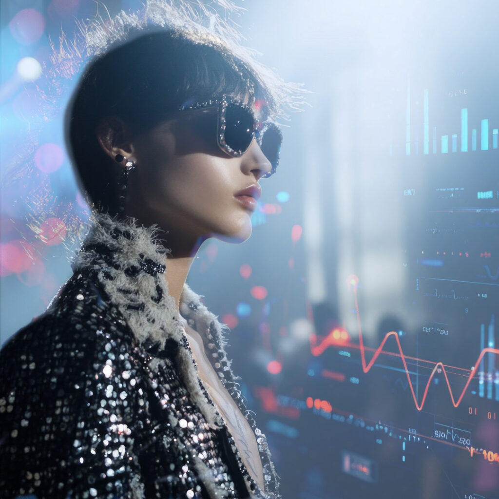 AI in UK fashion e-commerce. How AI is being used in fashion retail. Image showing woman on catwalk, ai generated, stylish and contemporary. data analytics and visualisations in the background.