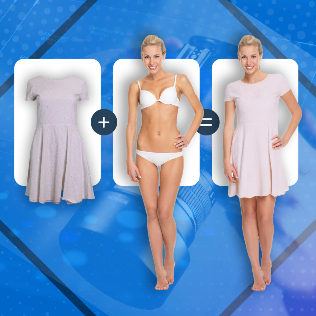 Graphic showing the process of dressing human models with flat garment images using Prime AI Photoshoot technology. The image illustrates a dress, a human model in a bikini, and the resulting model dressed in the garment, highlighting the transformation and realism of the AI-powered process