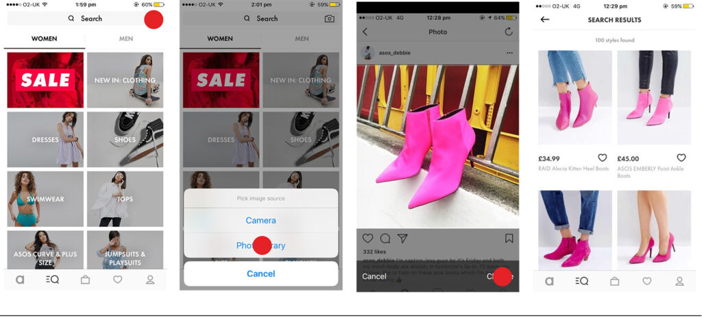 Bild der ASOS Style Match KI-Funktionalität zeigt Screenshots der mobilen App, bei denen Style Match im Einsatz ist, als Teil eines Artikels über KI im britischen Mode-E-Commerce.