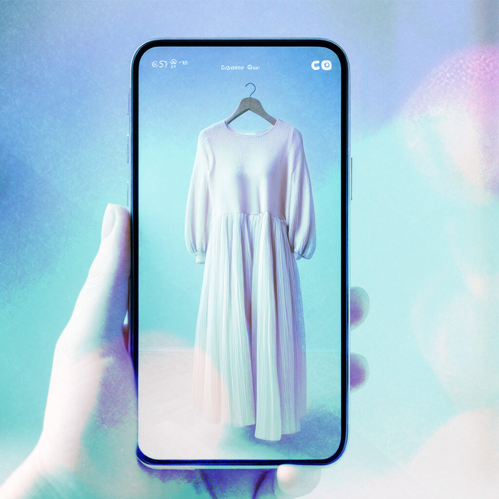 Un smartphone affichant une image générée par l'IA d'une robe sur un cintre, présentant une alternative rentable pour la photographie de produits de mode. Idéal pour comparer les photoshoots traditionnels et les photoshoots générés par l'IA dans le commerce électronique.