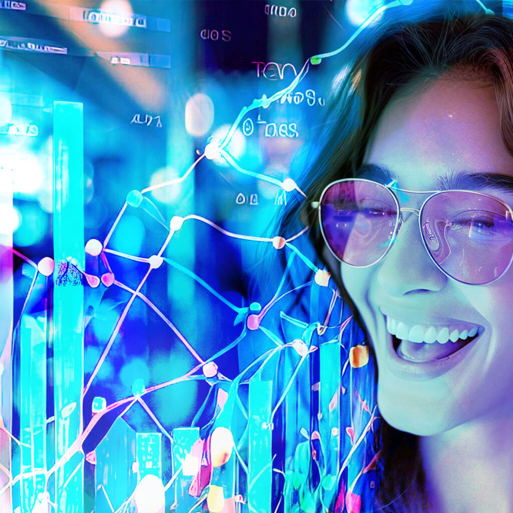 Illustration numérique dynamique d'une personne portant des lunettes, souriante, avec des visualisations de données abstraites et des lignes de réseaux neuronaux en arrière-plan, symbolisant l'impact de la technologie de l'IA dans l'amélioration de l'engagement et l'augmentation des taux de conversion dans le commerce électronique.