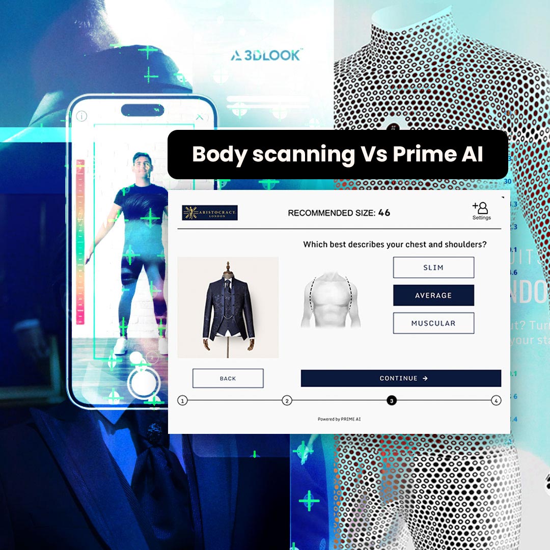 A comparison image showcasing the differences between traditional 3D body scanning technology and Prime AI's predictive size finder. The image highlights the simplicity and user-friendliness of Prime AI’s interface, which requires minimal data input for accurate size recommendations. Key phrase: "Prime AI e-commerce sizing solution.