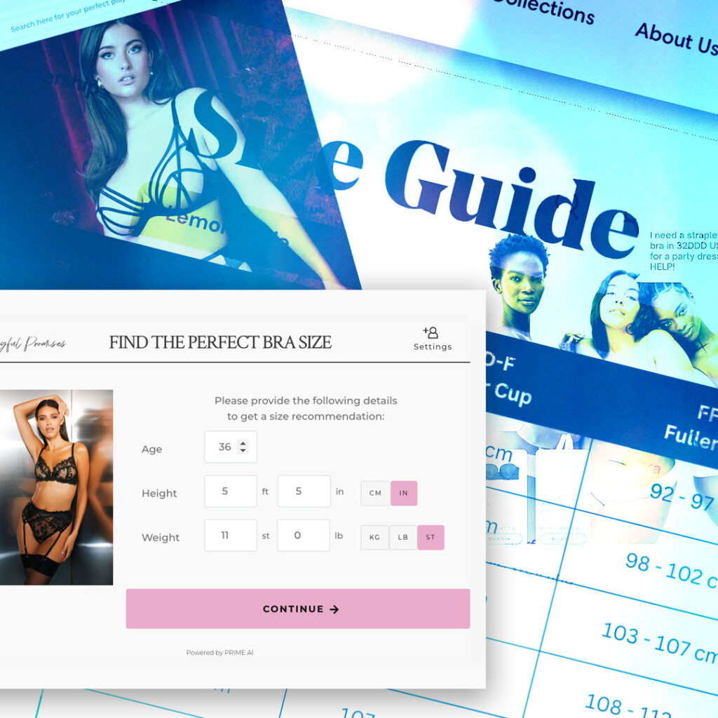 A blog feature image comparing Prime AI's sleek and user-friendly AI bra size finder interface with a traditional size guide layout. The image highlights a lingerie sizing tool that asks for age, height, and weight to provide accurate bra size recommendations, alongside visuals of models and size charts for context.