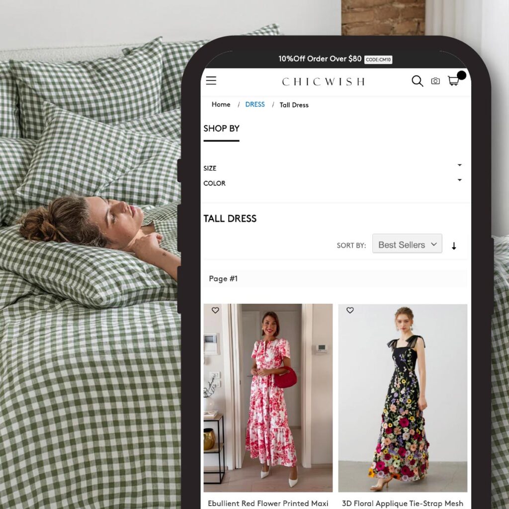 Vista mobile del sito Chicwish che mostra la pagina della categoria Tall Dress con filtri per taglia e colore, con un maxi abito rosso con stampa floreale e un abito a rete con applicazioni floreali.