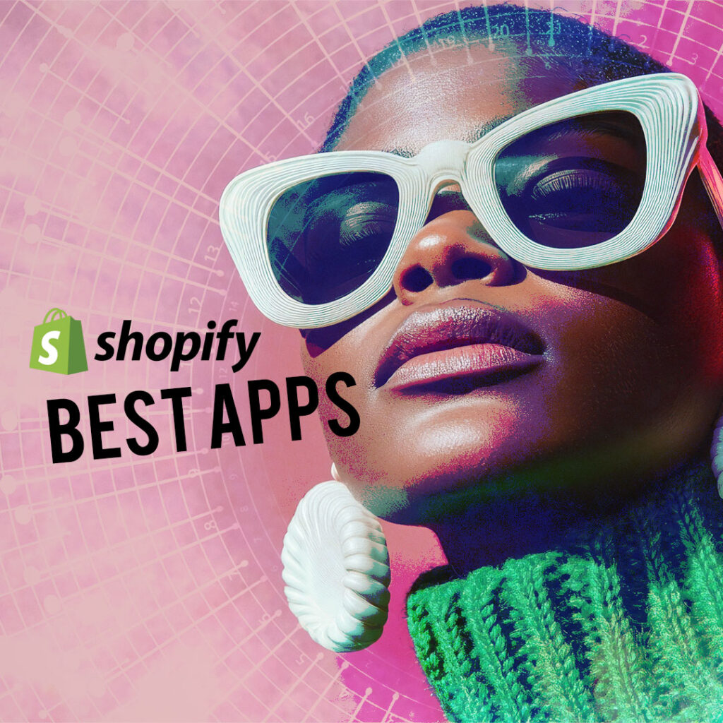 Un elegante primer plano de una modelo de moda con gafas de sol blancas de gran tamaño y audaces pendientes, ambientado en un fondo rosa futurista. La superposición de texto dice "Shopify Best Apps", con el logo de Shopify destacado prominentemente. Esta imagen representa las mejores aplicaciones de Shopify para el comercio electrónico de moda 2025, destacando herramientas innovadoras para minoristas en línea.