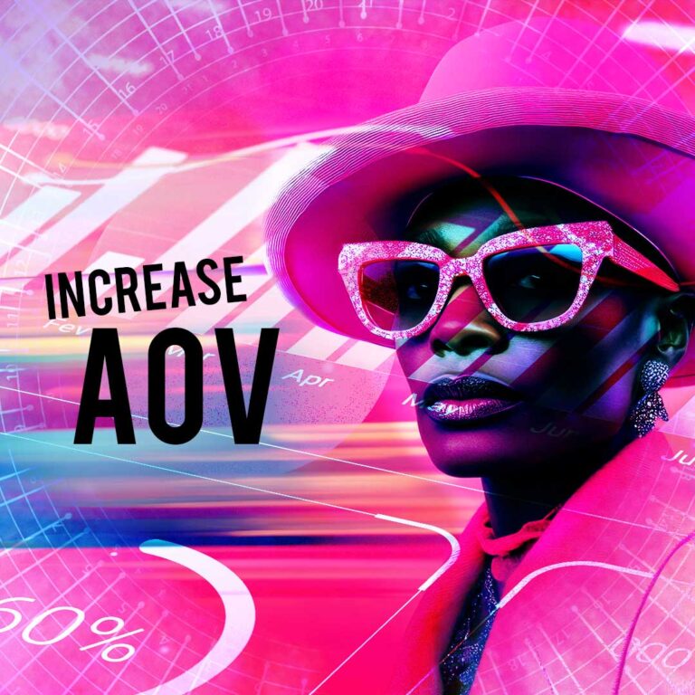 Increase AOV for fashion eCommerce stores – A visually striking digital artwork featuring a stylish woman in bold pink accessories, futuristic sunglasses, and a high-fashion hat. The background integrates data visualizations and financial growth indicators, symbolizing strategies to maximize average order value (AOV) in online fashion retail.