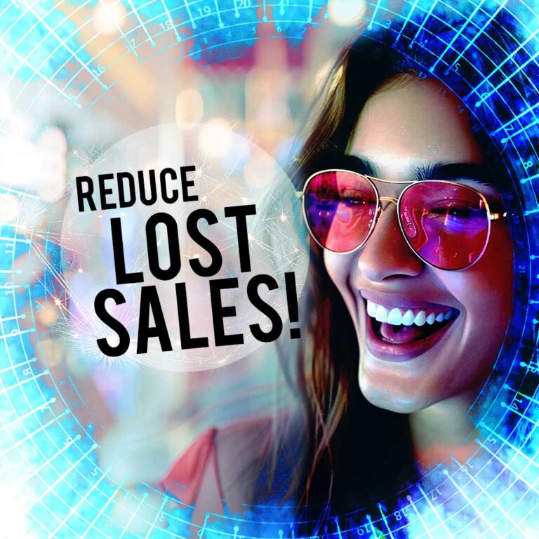 Mujer sonriente usando gafas de sol con efectos digitales futuristas y un audaz texto superpuesto que dice '¡Reduce las rupturas de stock!'—representando soluciones impulsadas por IA para reducir las ventas perdidas debido a rupturas de stock en el comercio minorista de moda.