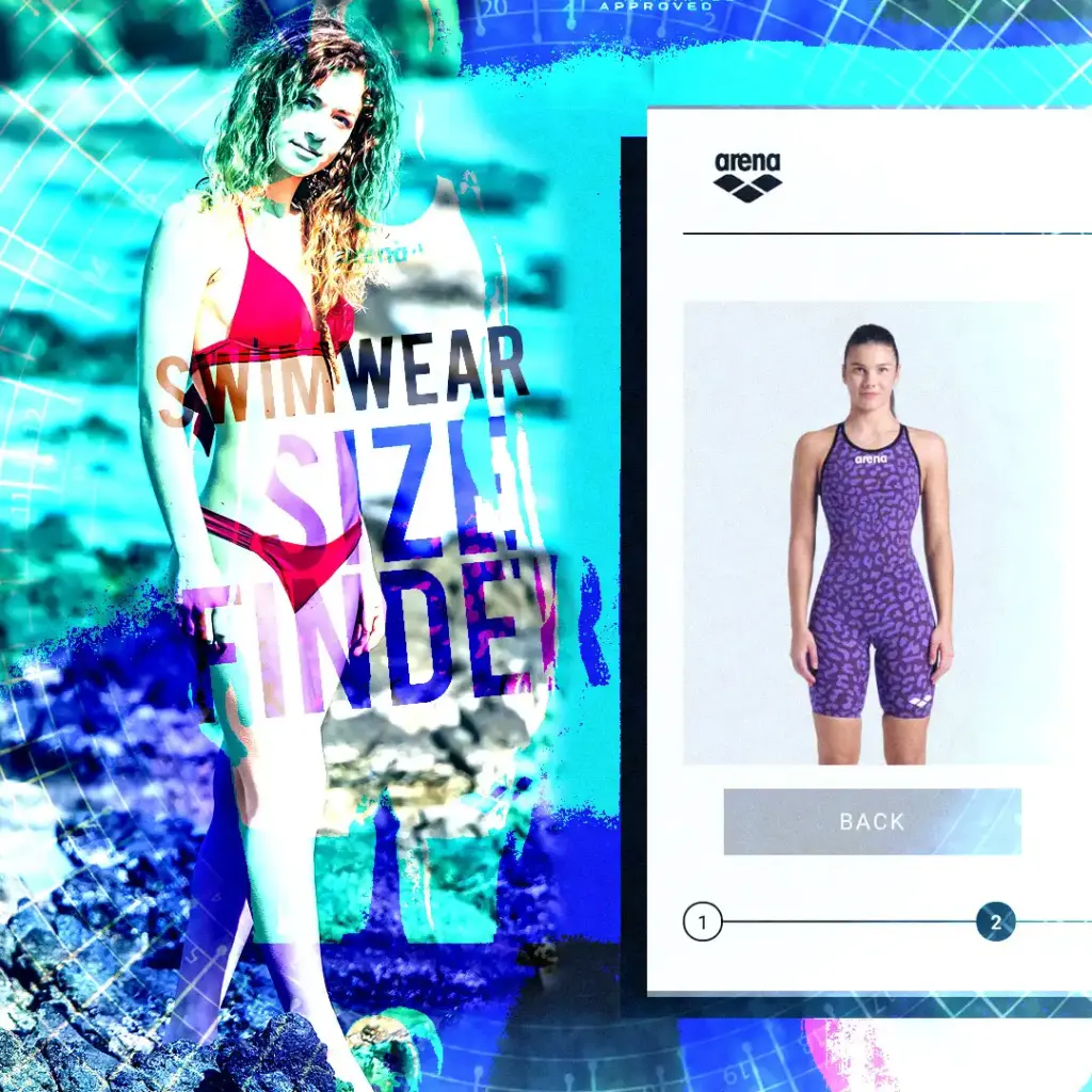 A visually striking digital collage featuring a woman in a red bikini standing on a rocky shoreline, overlaid with bold text reading "Swimwear Size Finder." On the right side, a digital interface from Arena showcases a professional swimwear sizing tool, reinforcing the concept of AI-powered swimwear size recommendations. The futuristic blue tones and data-driven design elements highlight the innovation behind the AI-Powered Swimwear Size Finder.