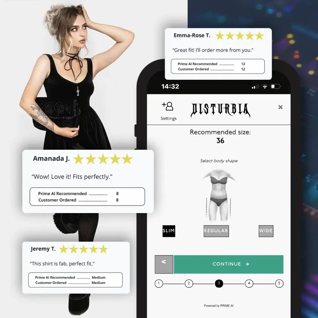 A digital interface of the Disturbia clothing size finder powered by Prime AI, displayed on a smartphone. The screen shows a recommended size selection based on body shape, with options for slim, regular, and wide fits. Around the interface, customer reviews with five-star ratings highlight successful size recommendations. A female model in gothic fashion stands to the left, representing the brand's aesthetic.