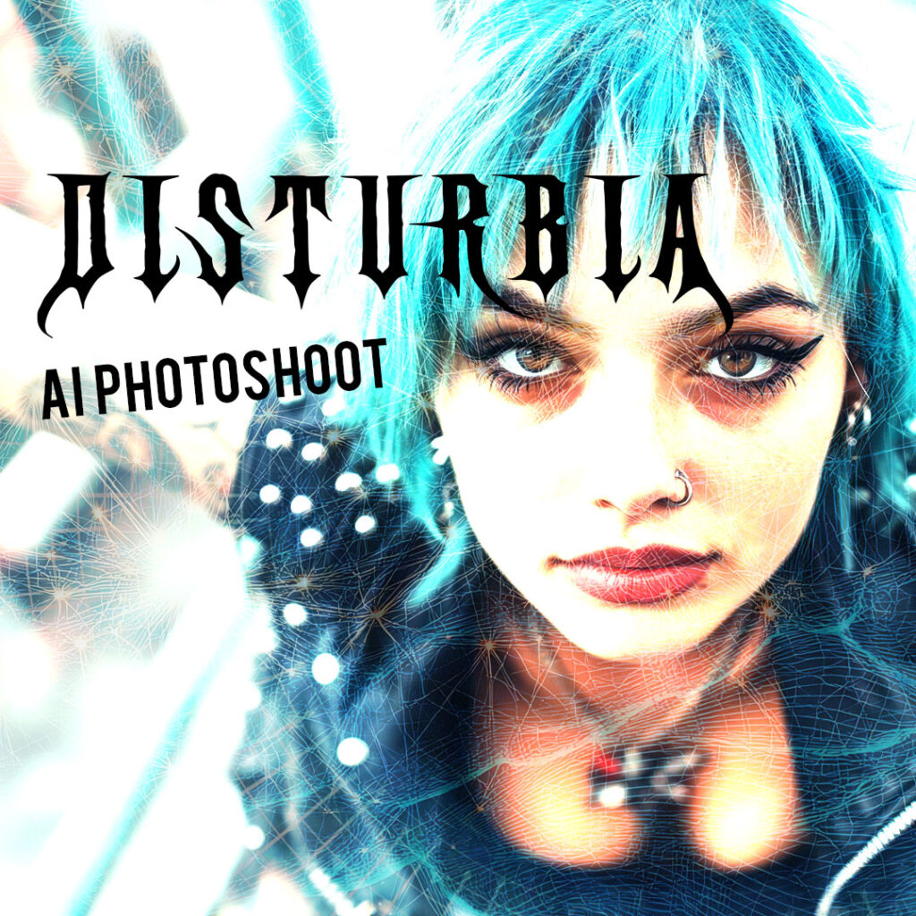 Disturbia AI Photoshoot Motion - Una imagen de moda de alto impacto, mejorada digitalmente, que muestra el uso de visuales generados por IA en el comercio electrónico. Presentando a una modelo alternativa con cabello azul y maquillaje audaz, esta sesión de fotos de moda impulsada por IA resalta las capacidades transformadoras de AI Photoshoot Motion para la presentación dinámica de productos.