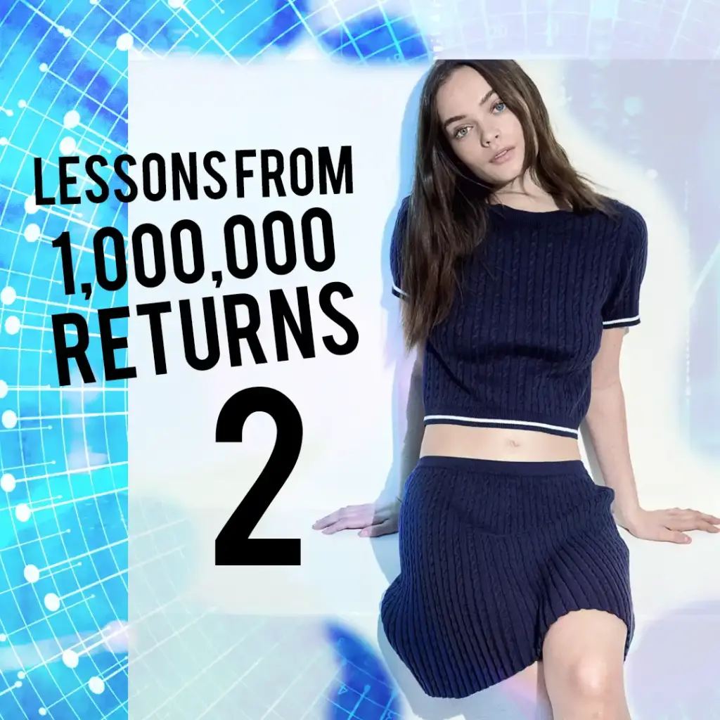 Bracketing in online shopping – Lessons from 1,000,000 returns. Image of a woman wearing a navy knit two-piece outfit, with a futuristic digital background.