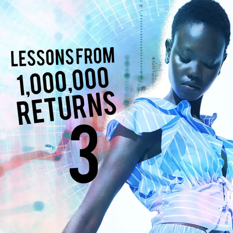 A stylish model in a blue-striped outfit with a digital data background, representing insights from analysing 1 million online returns. Text overlay reads ‘Lessons from 1,000,000 Returns – 3’, reinforcing the key theme of how poor fit leads to lost customers.