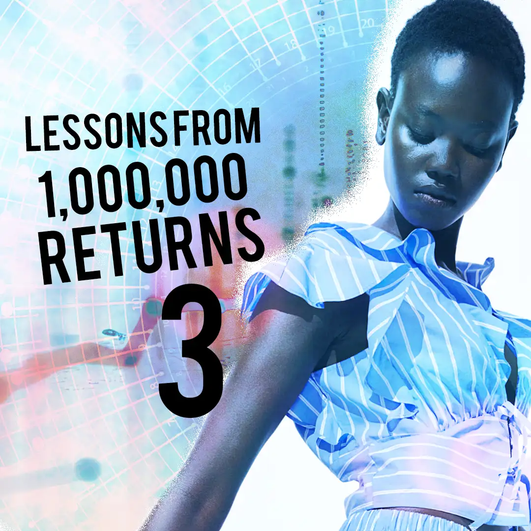 A stylish model in a blue-striped outfit with a digital data background, representing insights from analysing 1 million online returns. Text overlay reads ‘Lessons from 1,000,000 Returns – 3’, reinforcing the key theme of how poor fit leads to lost customers.