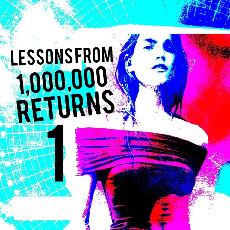 Lessons from 1,000,000 Returns" – A bold, high-contrast digital artwork featuring a stylish woman in an off-shoulder dress, overlaid with abstract textures in blue, pink, and black. The vibrant design highlights the key theme of inconsistent sizing in fashion, a major driver of returns in online retail.